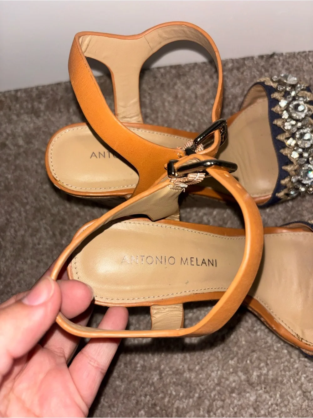 ANTONIO MELANI Tan Wedge Sandals with Navy Jeweled Front Strap